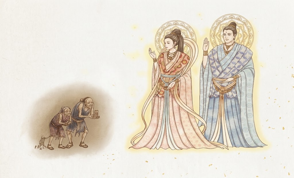 Traditional Japanese illustration of luminous higher spirits watching over wandering souls